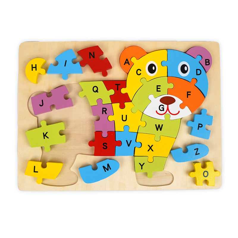 Colorful wooden bear alphabet puzzle featuring letters A to Z, designed to help kids learn the alphabet while enhancing fine motor skills and letter recognition.
