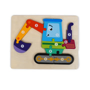 Colorful wooden excavator puzzle featuring numbered pieces from 1 to 10, designed to help children learn counting and develop fine motor skills through interactive play.
