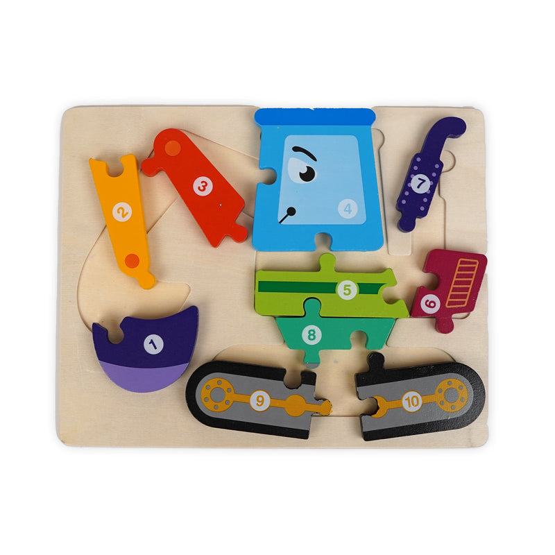 Colorful wooden excavator puzzle featuring numbered pieces from 1 to 10, designed to help children learn counting and develop fine motor skills through interactive play.
