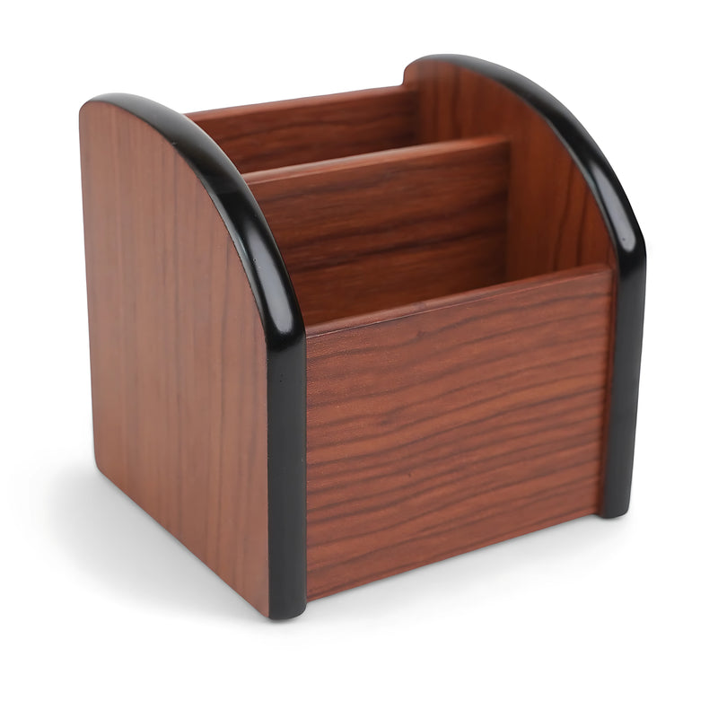 Compact wooden desktop organizer with two compartments and black-accented sides, ideal for organizing stationery and office essentials.

