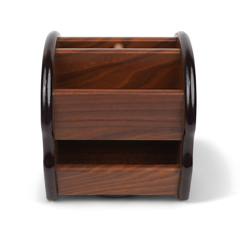 Compact wooden desktop organizer with multiple compartments, ideal for organizing pens, stationery, and small office supplies.

