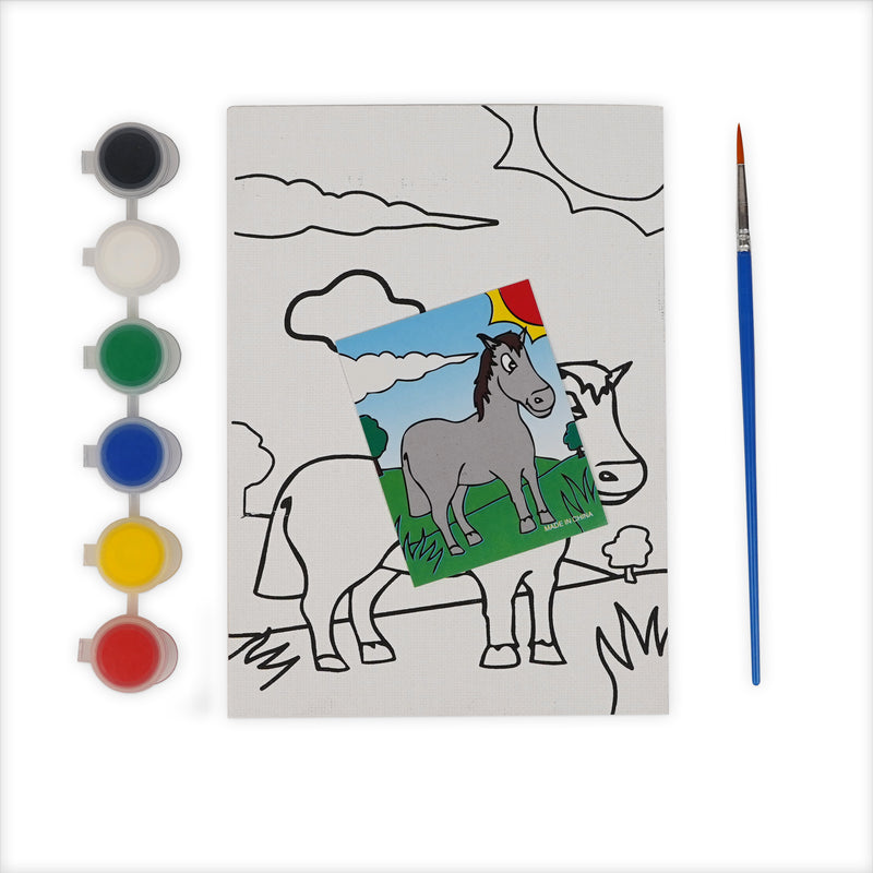 Creative Canvas Painting Kit for Kids with a horse scene, including canvas, 5 paints, brush, and color guide.