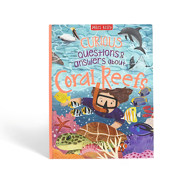 Cover of Curious Questions & Answers About Coral Reefs, featuring a snorkeler exploring vibrant coral, fish, a sea turtle, and ocean creatures.

