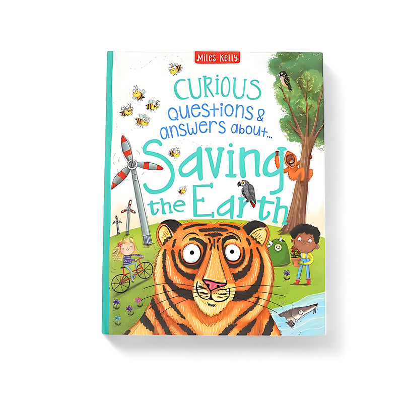 Cover of Curious Questions & Answers About Saving the Earth featuring a tiger, wind turbines, a tree, and children engaging with nature.

