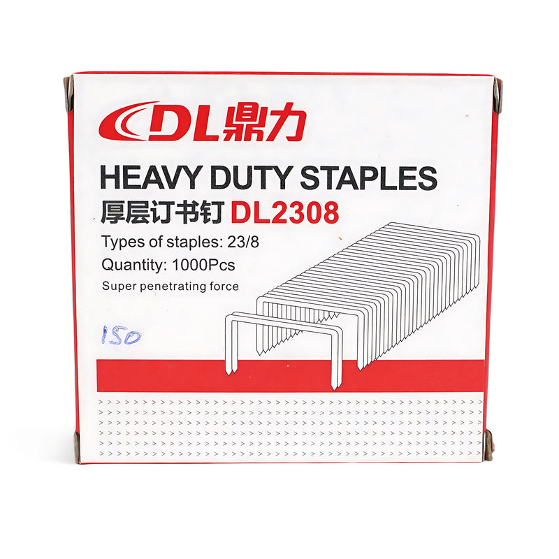 DL2308 Heavy-Duty Staples – 1000 pcs box, 23/8 size (8mm), designed for office and industrial applications.

