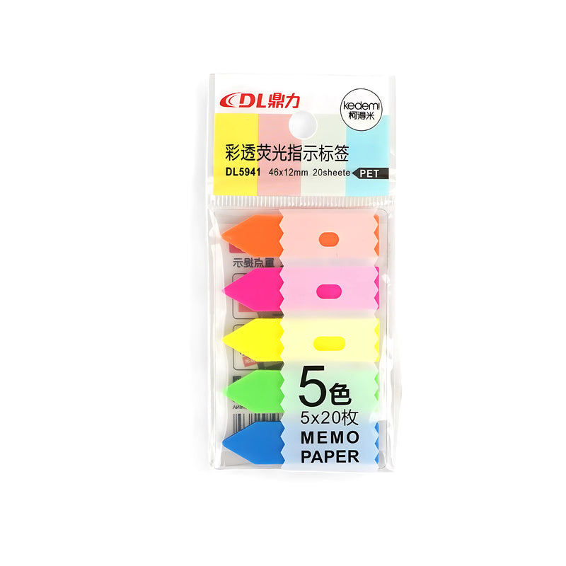 DL5941 Arrow-Shaped Memo Paper Sticky Tabs featuring 5 vibrant colors (orange, pink, yellow, green, and blue), with 20 sheets per color, packaged in transparent plastic with a hanging tab.

