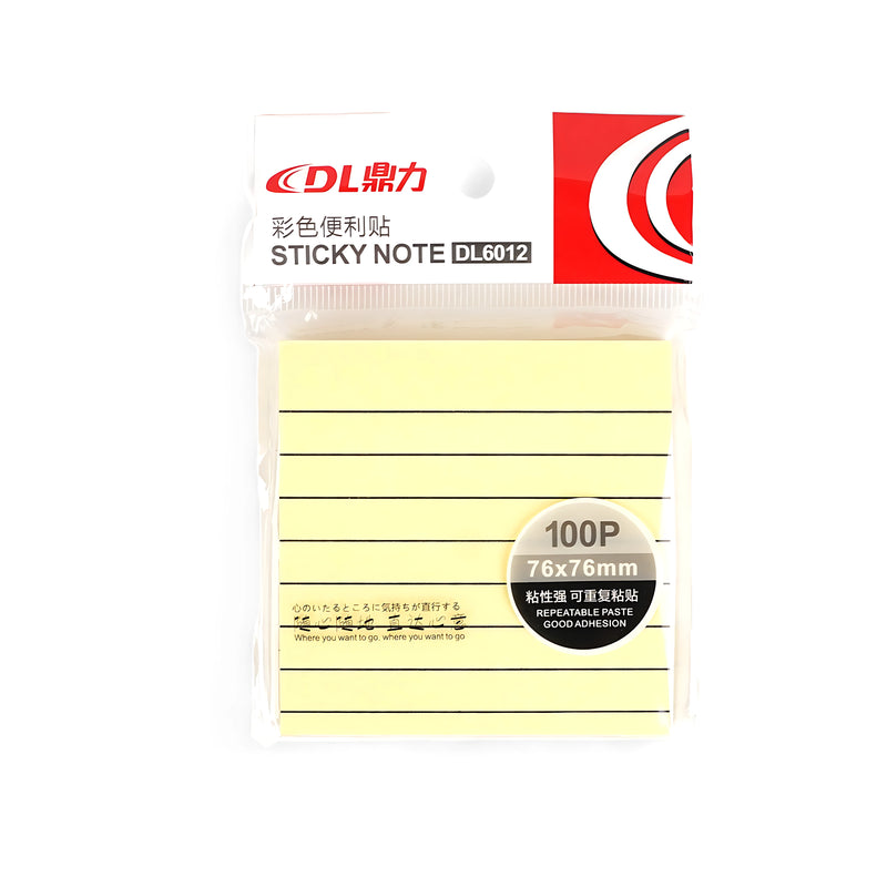 DL6012 Lined Sticky Notes featuring 100 yellow sheets with horizontal lines (76 x 76 mm), packaged in a resealable plastic pouch for convenient use.


