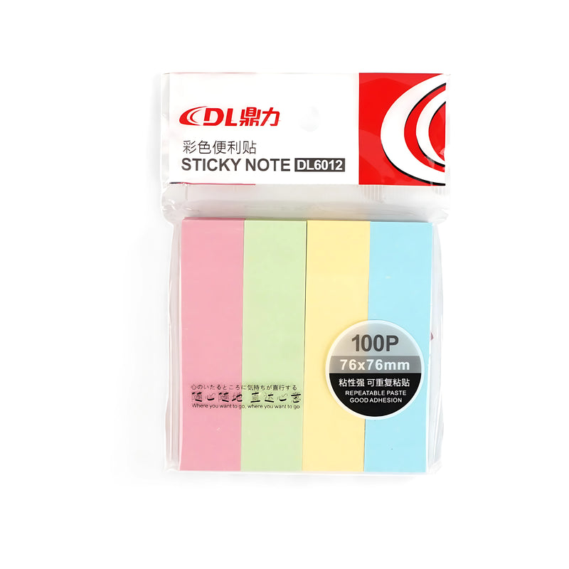DL Multi-Color Sticky Note Pack featuring pastel shades of pink, green, yellow, and blue, with 100 sheets (76 x 76 mm), packaged in transparent plastic.

