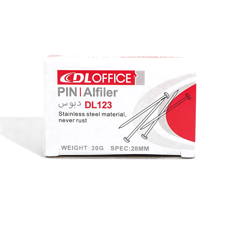 A white and red box of DL Office Stainless Steel Pins (DL123), 28mm in size, featuring rust-proof stainless steel material, ideal for schools, offices, and home use.

