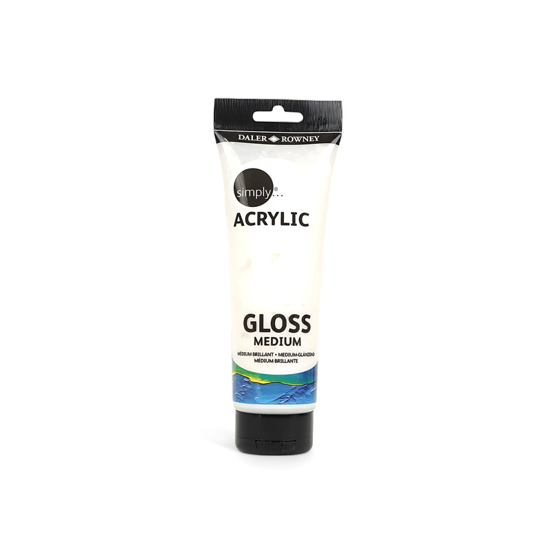 Tube of Daler-Rowney Simply Acrylic Gloss Medium, 250ml, for adding a glossy finish and enhancing color depth in acrylic paintings.

