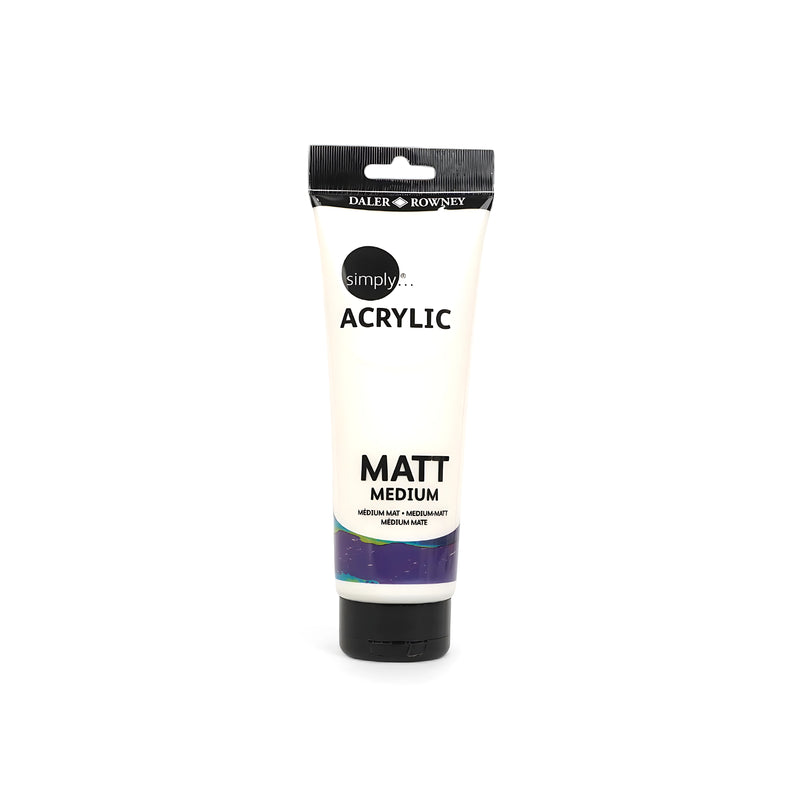 Tube of Daler-Rowney Simply Acrylic Matt Medium, 250ml, for achieving a matte finish and reducing gloss in acrylic paintings.

