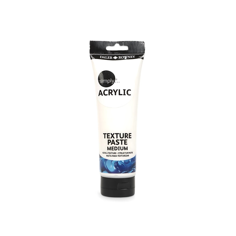 Tube of Daler-Rowney Simply Acrylic Texture Paste Medium, 250ml, designed for adding dimension and textured effects to acrylic paintings.

