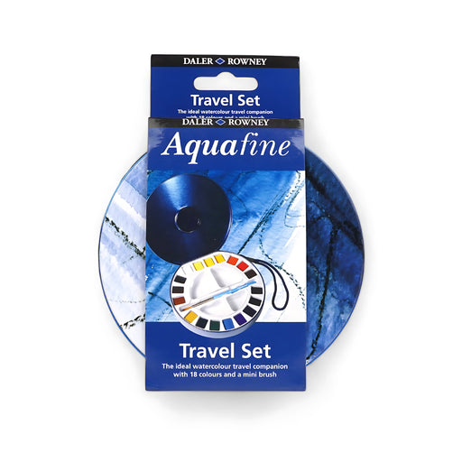 Daler Rowney Aquafine Watercolor Travel Set with 18 colors, mini brush, and mixing palette in a compact, portable case.

