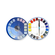 Daler Rowney Aquafine Watercolor Travel Set with 18 colors, mini brush, and mixing palette in a compact, portable case.

