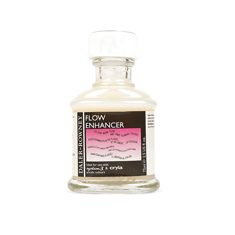 Daler Rowney Flow Enhancer bottle, 75 ml, for increased fluidity and smooth application in acrylic painting.

