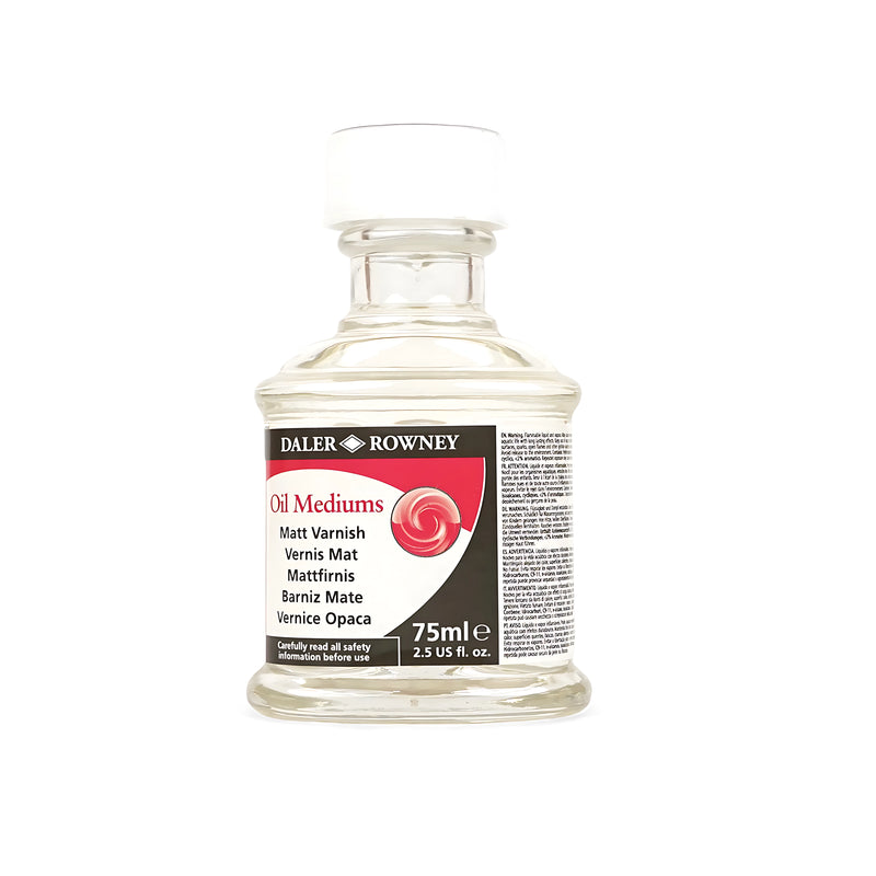Daler Rowney Oil Mediums Matt Varnish bottle, 75 ml, ideal for protective matte finish in oil painting.

