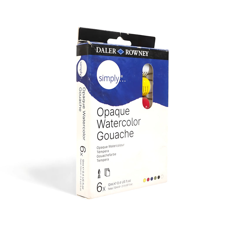 Daler Rowney Simply Opaque Watercolor Gouache Set with 6 vibrant colors in 12ml tubes, ideal for artists and illustrators for solid, opaque coverage.

