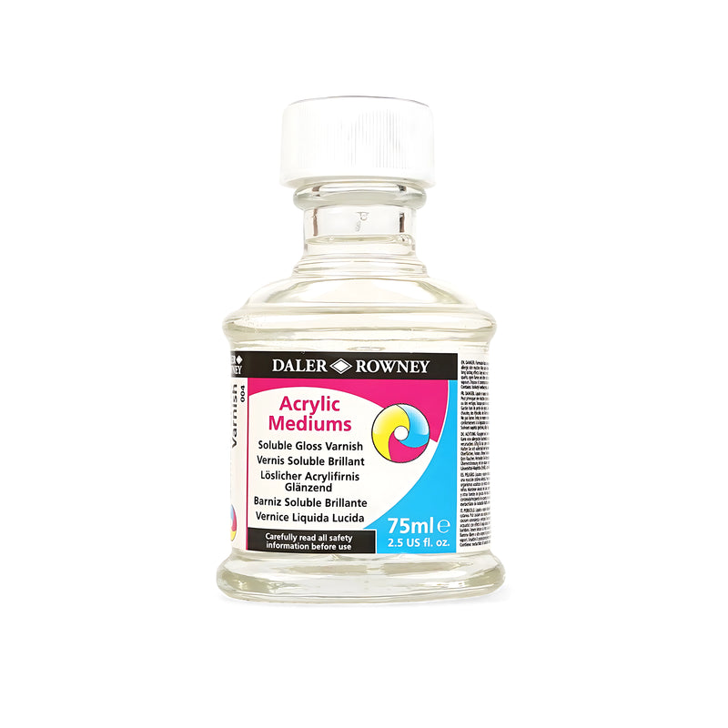 Daler Rowney Soluble Gloss Varnish bottle, 75 ml, adds a removable, glossy finish to protect and enhance acrylic artwork.


