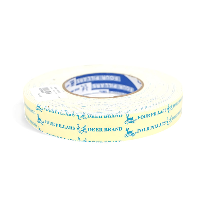 Deer Brand Four Pillars masking tape in yellow with blue branding, ideal for painting, labeling, and organizing tasks.

