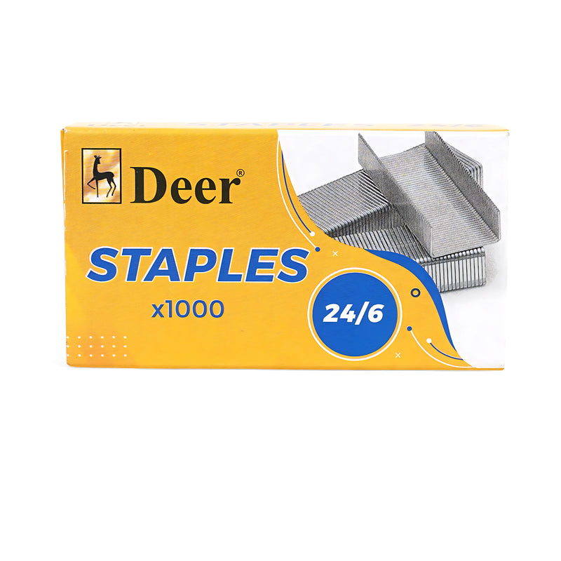 Deer Staples 24/6 – 1000 Pcs box of durable steel staples for office, school, and home use.

