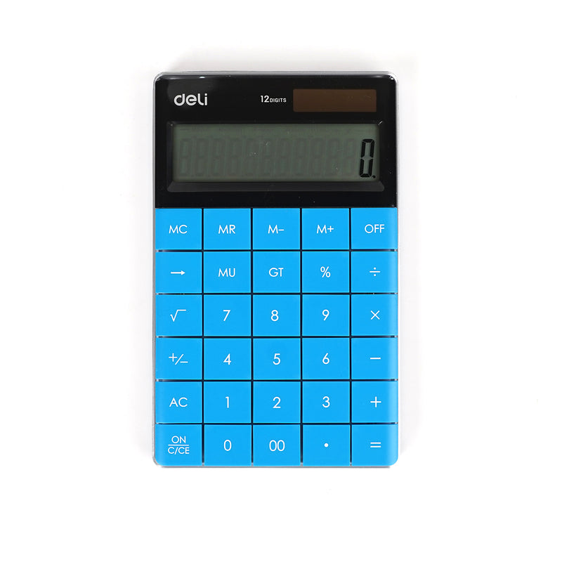 Deli 12-Digit Large Display Calculator with dual power, featuring ergonomic design and essential business functions for efficient calculations.

