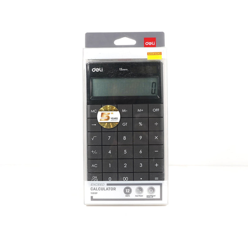 Deli 1589 Exceed 12-Digit Calculator with dual power, large display, and business functions for accounting, office, and school use.

