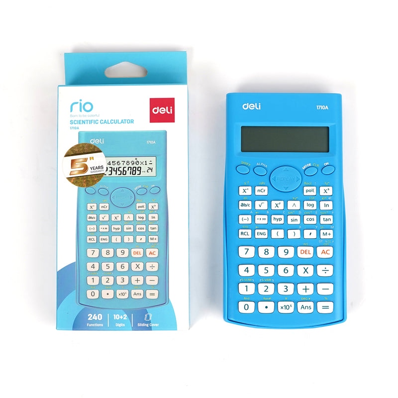 Deli 1710A scientific calculator with 240 functions and sliding cover for advanced calculations and academic use.

