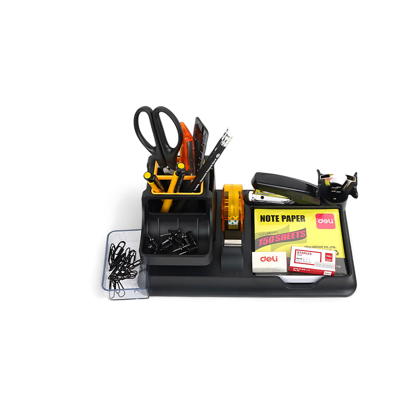 Deli 38252A Classic Desk Organizer, 17-piece multi-purpose office set, ideal for organizing stationery and desk supplies.

