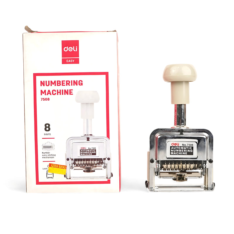 Deli 7508 automatic numbering machine with 8-digit capacity, featuring a chrome-plated metal frame and cream-colored ergonomic handle, displayed alongside its original packaging.






