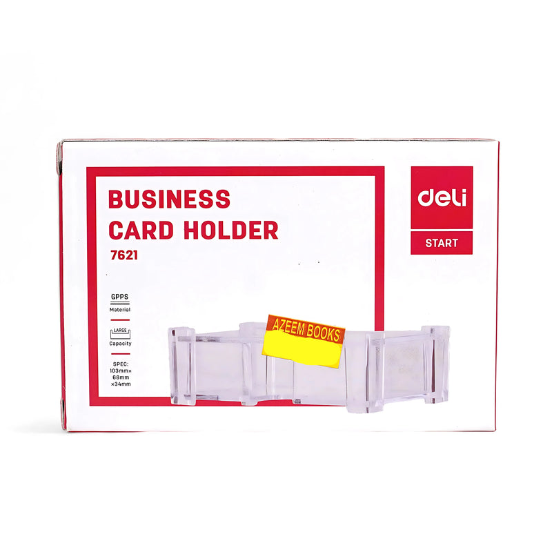 Deli 7621 business card holder with a clear acrylic design, ideal for storing and displaying business cards.

