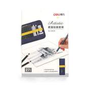 Deli Artistic Drawing and Sketching Set, 27-piece kit with graphite pencils, charcoal, erasers, and portable case, ideal for artists and students.

