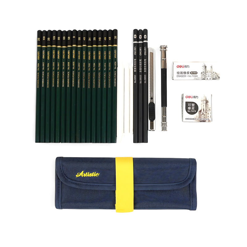 Deli Artistic Drawing and Sketching Set – 27-Piece Sketching Kit with Portable Case