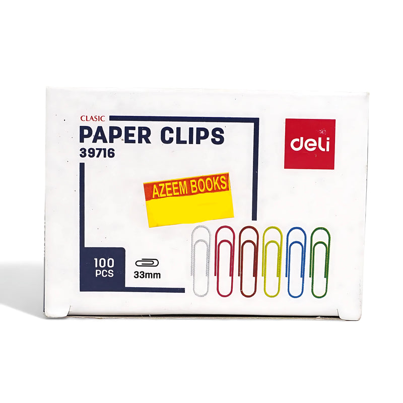 A cardboard box of Deli Classic Paper Clips (Model 39716), containing 100 multicolored 33mm clips with a price tag from Azeem Books.