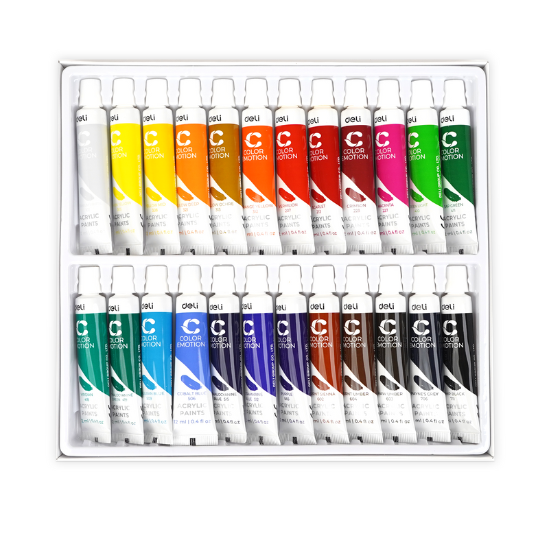 Deli Emotion Acrylic Paints 24 Colours Pack 12ml (0.4fl oz) | Water Resistant & Long Lasting