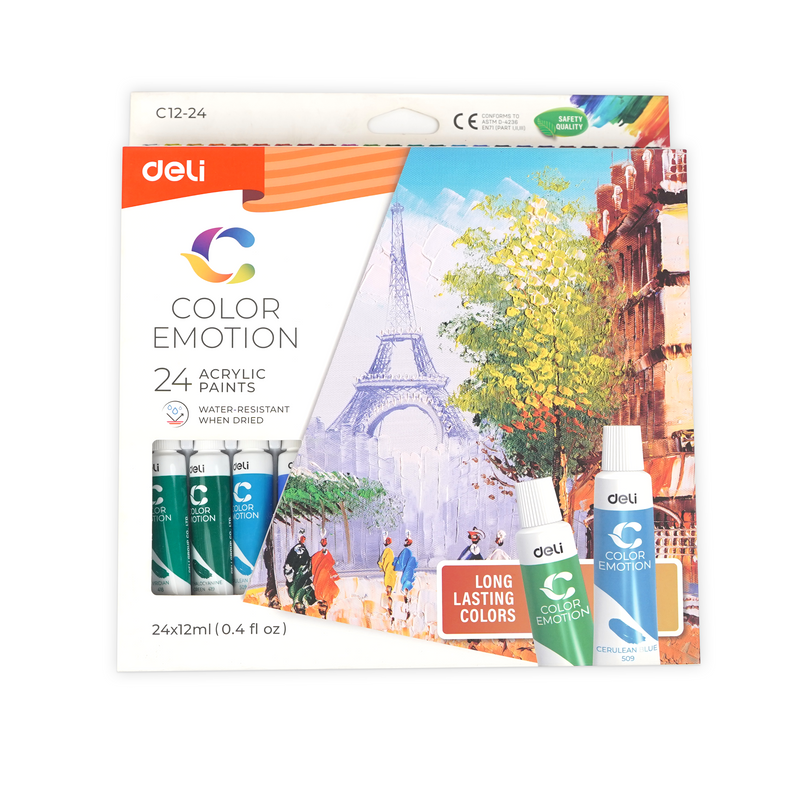 Deli Emotion Acrylic Paints 24 Colours Pack 12ml (0.4fl oz) | Water Resistant & Long Lasting