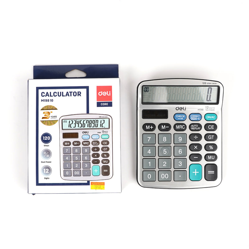 Deli M198 12-digit desktop calculator with 120-step check and dual power for office, educational, and business use.

