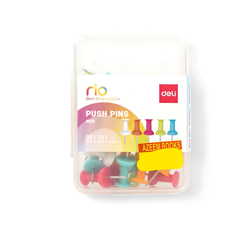 A transparent plastic box of Deli Rio Push Pins containing 35 colorful pins, featuring a label with product details and branding from Deli and Azeem Books.

