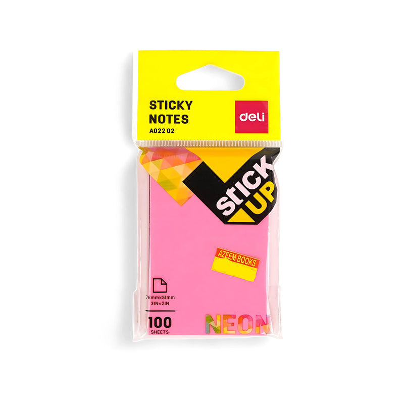 Deli Stick Up Neon Sticky Notes packaging featuring 100 sheets of pink sticky notes with a size of 76 x 51 mm, wrapped in clear plastic with a hanging tab.