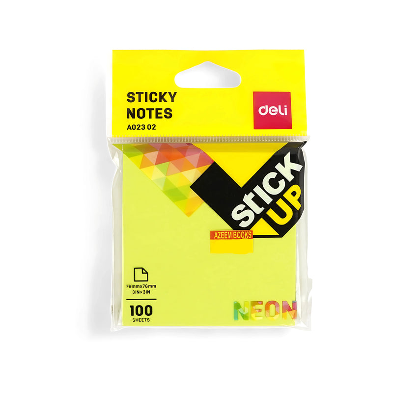 Deli Stick Up Neon Sticky Notes packaging featuring 100 sheets of yellow neon notes (76 x 76 mm), wrapped in transparent plastic with a hanging tab for easy display.

