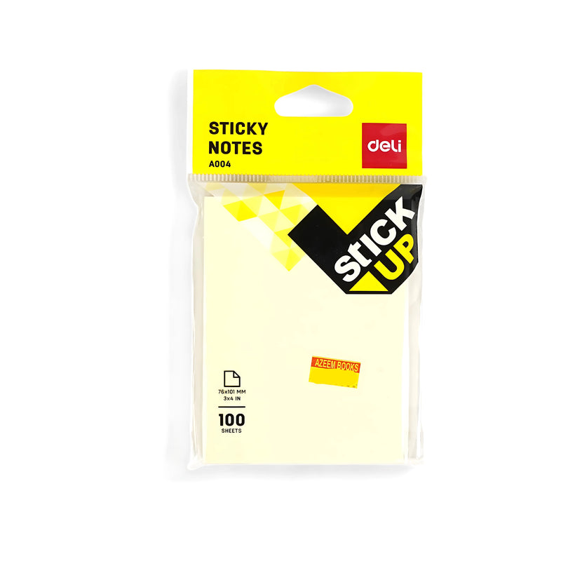 Deli Stick Up Sticky Notes packaging, featuring 100 sheets in bright yellow color with dimensions of 76x101mm.

