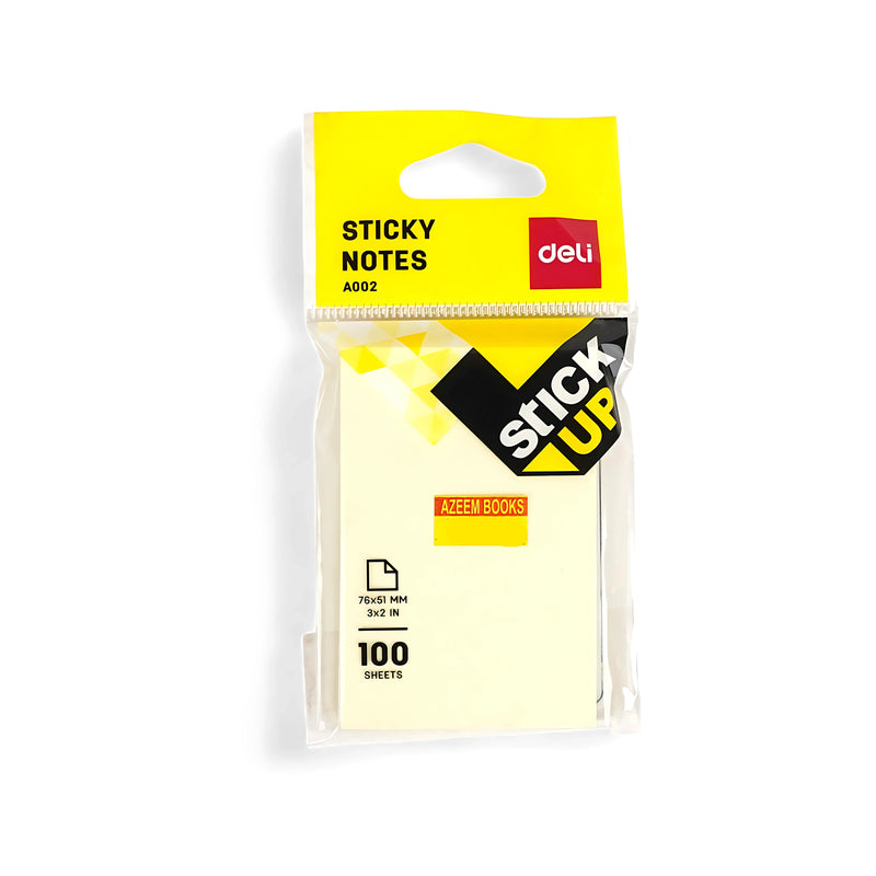 Deli Stick Up Sticky Notes packaging featuring 100 sheets with dimensions of 76 x 51 mm, wrapped in transparent plastic with a hanging tab.

