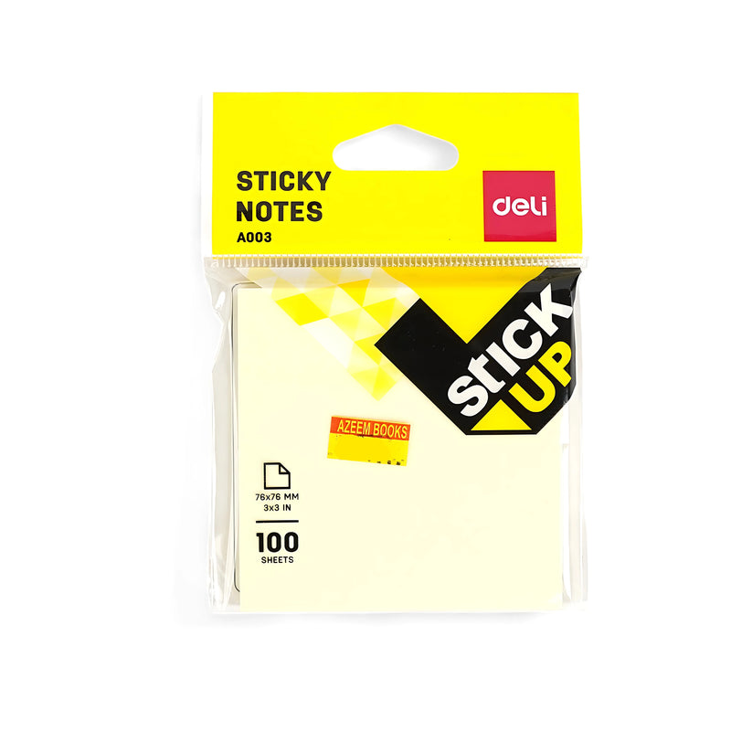 Deli Stick Up Sticky Notes packaging featuring 100 sheets with dimensions of 76 x 76 mm, wrapped in clear plastic with a hanging tab for display.

