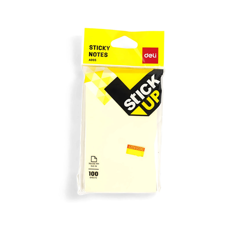 Deli Stick Up Sticky Notes packaging featuring 100 sheets in yellow color, with a size of 78 x 126 mm, wrapped in clear plastic with a hanging tab.

