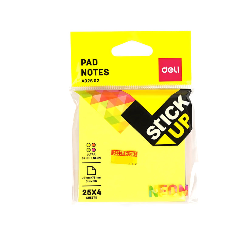 Deli Stick Up Ultra Bright Neon Pad Notes packaging featuring four neon-colored pads (76 x 76 mm), wrapped in transparent plastic with a hanging tab.

