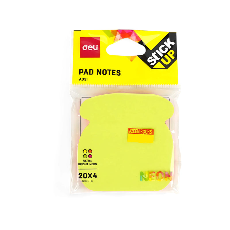 Deli Stick Up Neon Shaped Pad Notes featuring 4 pads with vibrant neon colors, each containing 20 sheets, wrapped in transparent plastic with a hanging tab.

