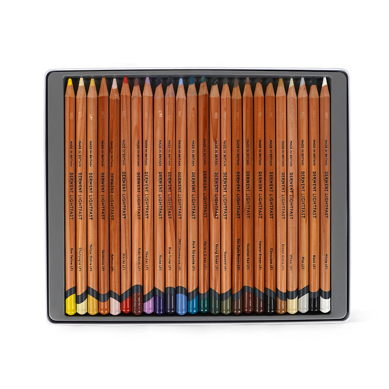 Derwent Lightfast Colored Pencils Set - 24 Colors, professional-quality, lightfast pigments for long-lasting artwork.


