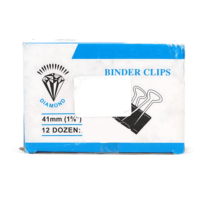 Diamond Binder Clips – 41mm (1 5/8 inches), 12 dozen pack, black steel clips for organizing documents.

