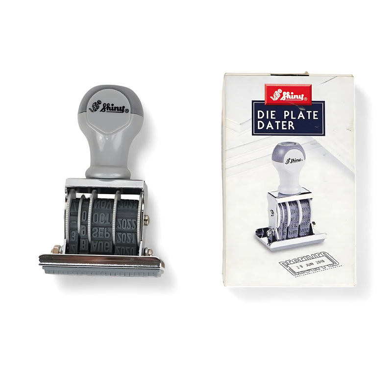 Shiny Die Plate Dater Stamp with customizable text plate and adjustable date bands, featuring a gray ergonomic handle and metal frame.

