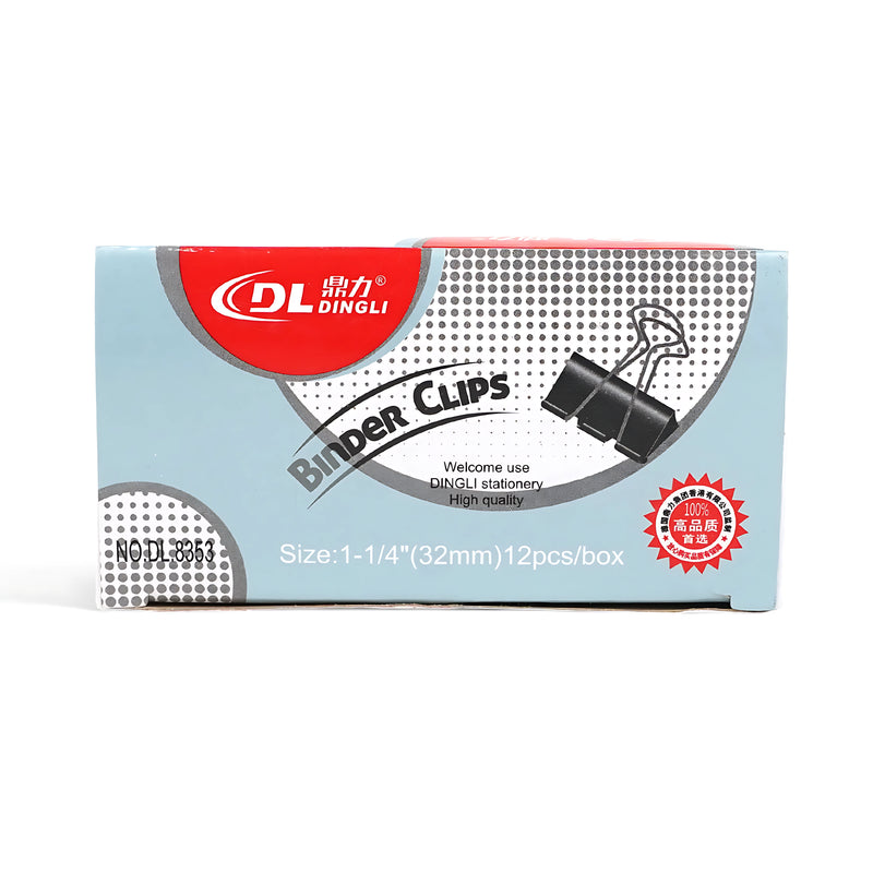 Dingli 32mm black binder clips in a 12-piece box, ideal for securing documents and organizing papers.

