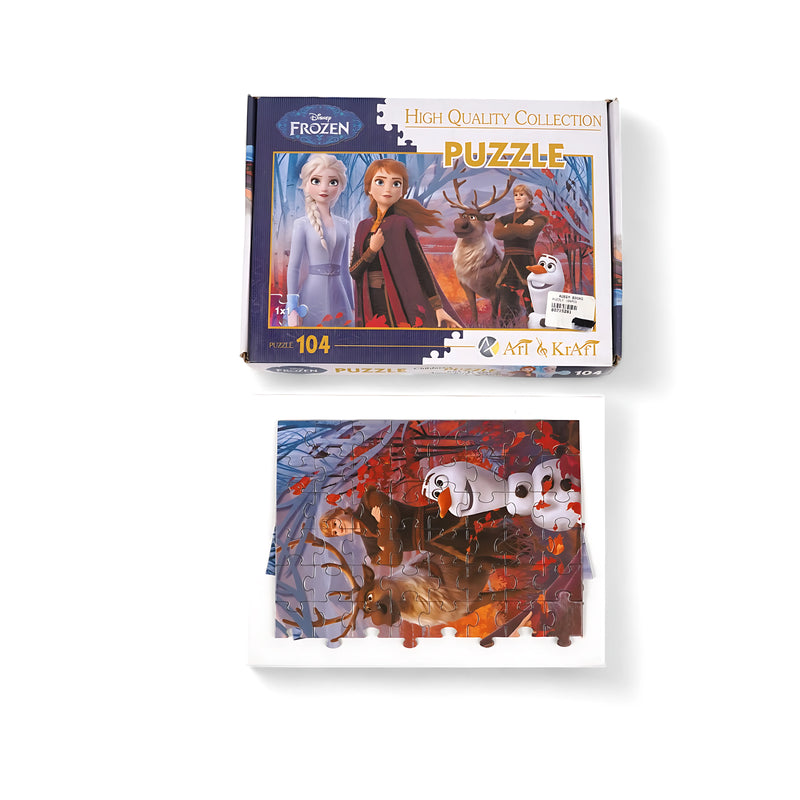 104-piece Disney Frozen jigsaw puzzle featuring Elsa, Anna, Olaf, and friends in an autumn-themed scene, packaged in a premium box for children aged 6+.

